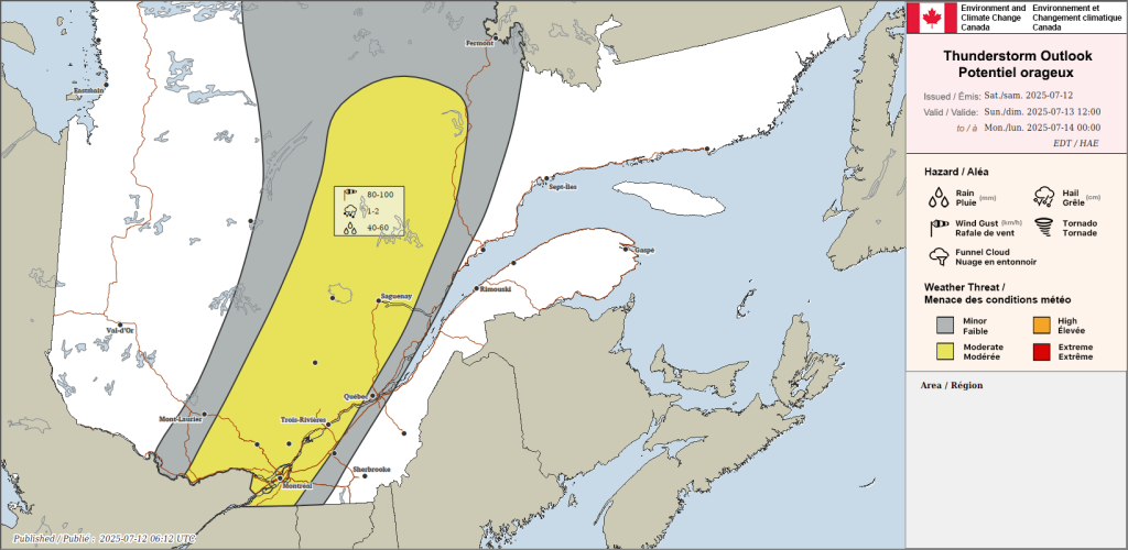 Carte du risque orageux pour dimanche