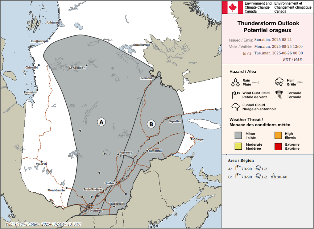 Carte du risque orageux pour lundi
