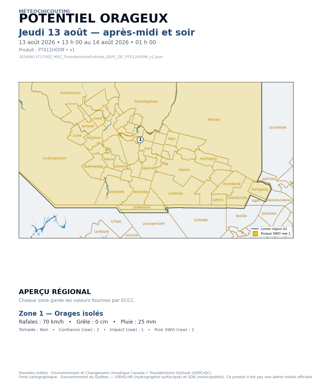 Carte du potentiel orageux - Jeudi 13 août — après-midi et soir
